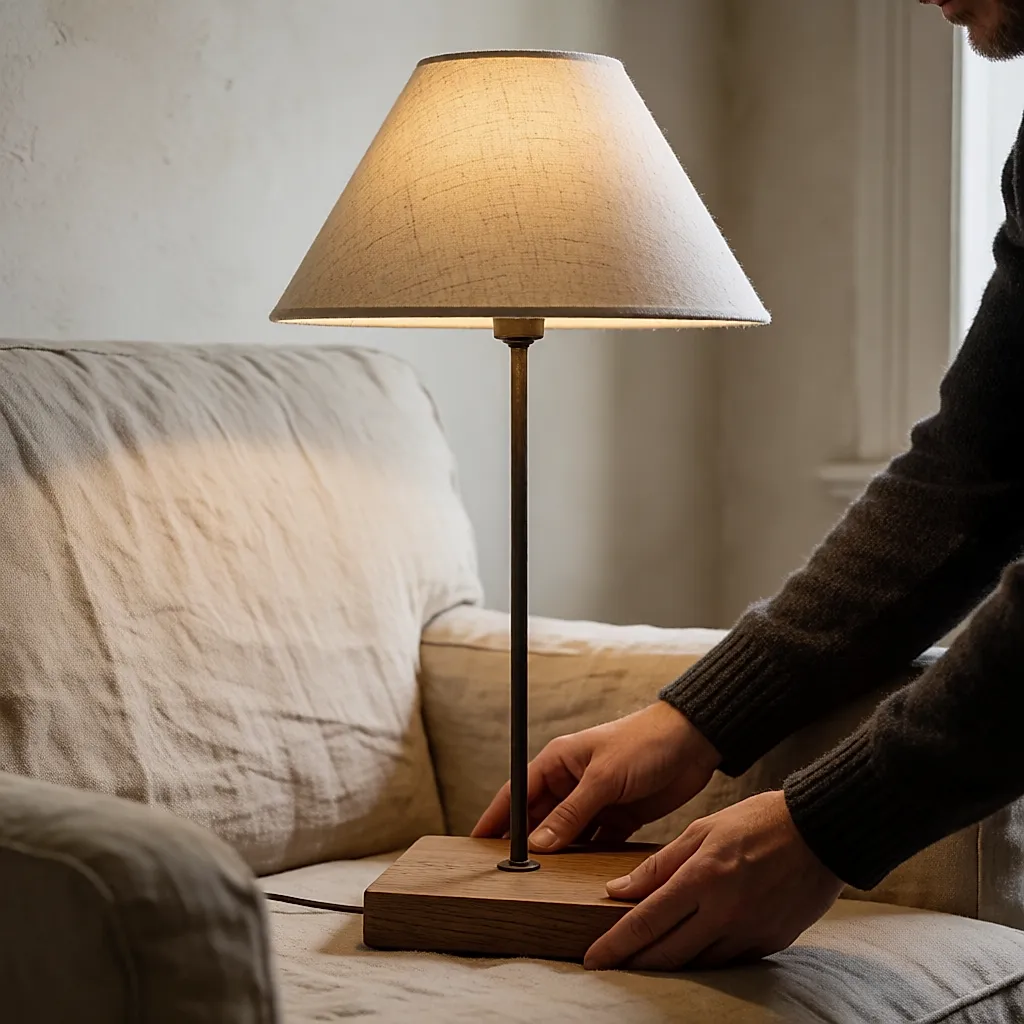 Lampe de salon rehaussée sur un socle en chêne, halo chaud atteignant l'assise d'un fauteuil