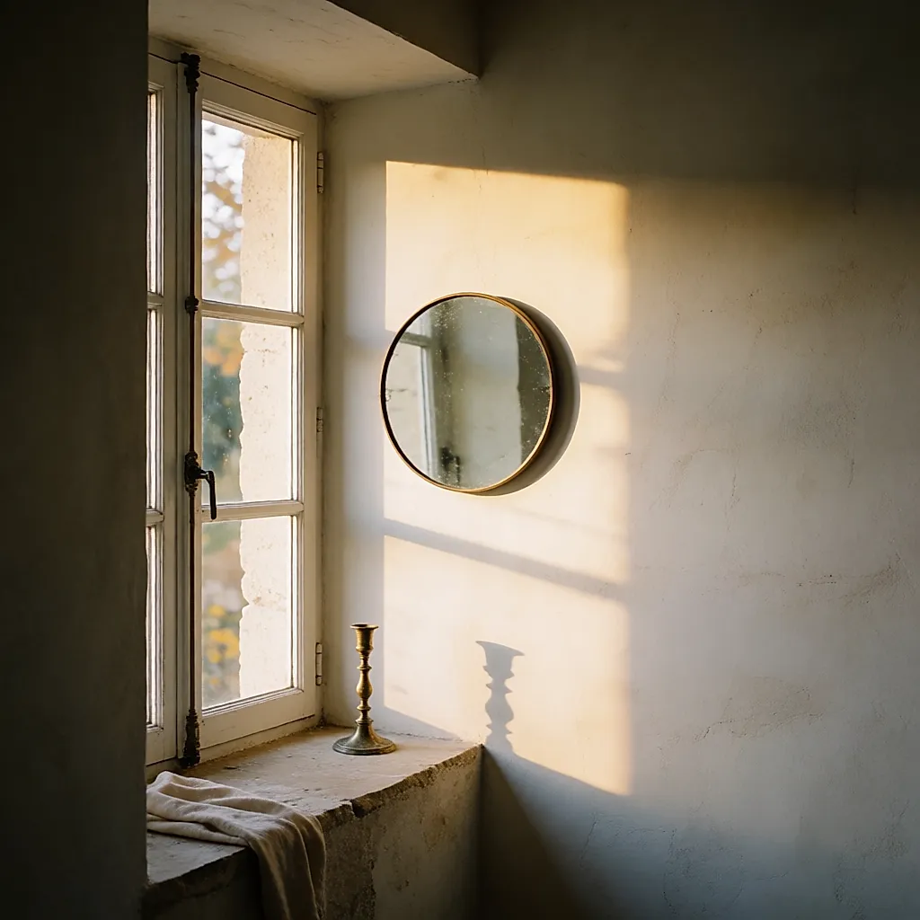 Appui de fenêtre dégagé et miroir perpendiculaire renvoyant la lumière d'automne sur un mur mat