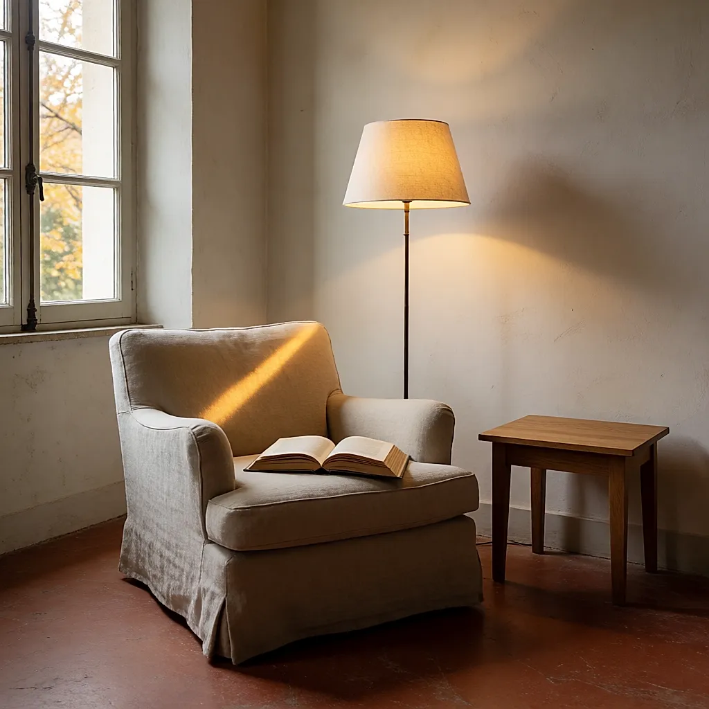 Fauteuil de lecture placé à quarante-cinq degrés de la fenêtre, lampe d'appoint derrière l'assise