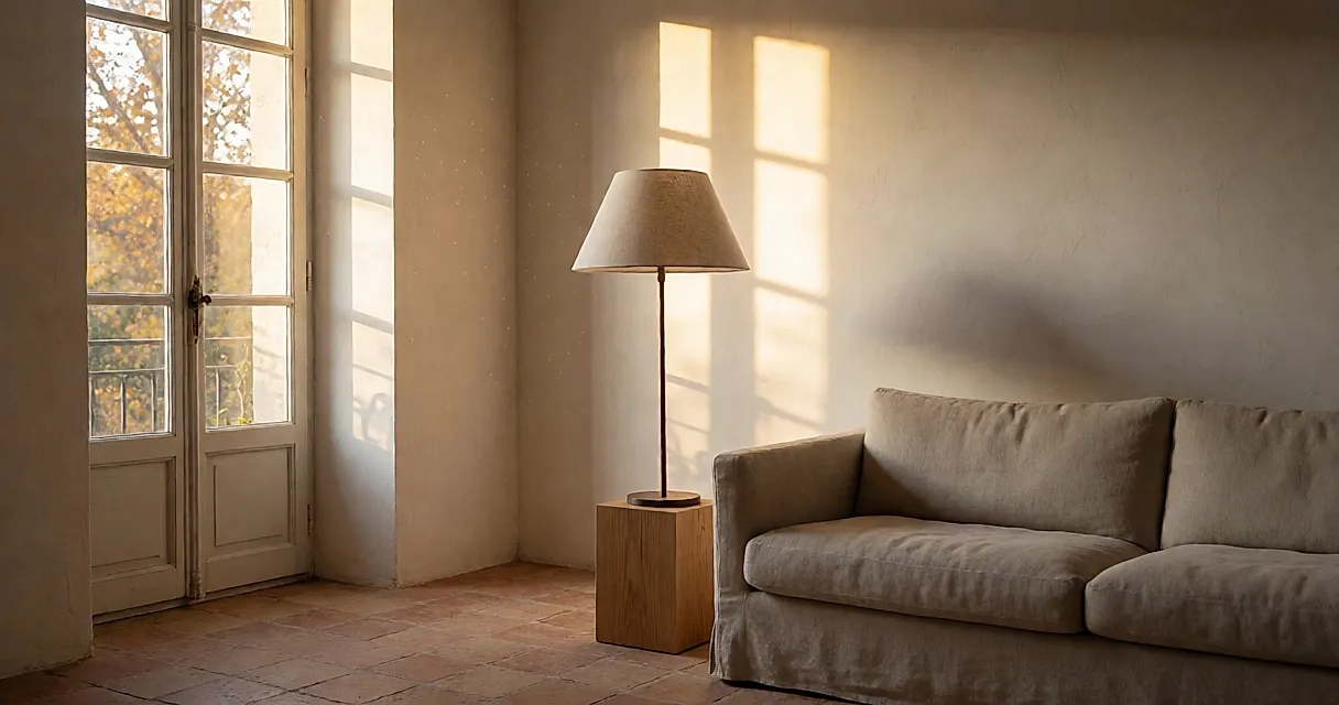 Remonter la lumière d'un salon en automne : hauteur de la source, surfaces dégagées et place de l'assise