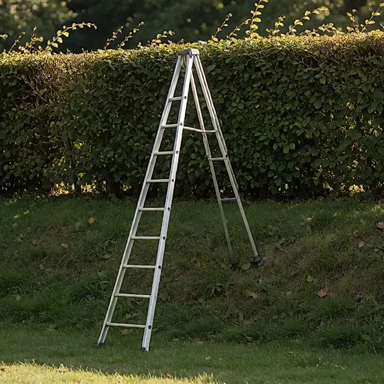 Échelle tripode de jardin : trois appuis stables pour tailler une haie sur un talus