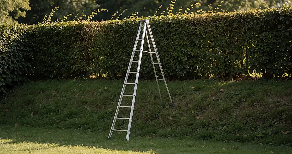 Échelle tripode de jardin : trois appuis stables pour tailler une haie sur un talus