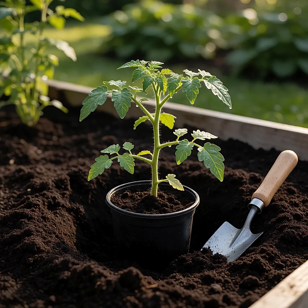 Plant de tomate en godet installé dans une terre de potager préparée, arrosoir et transplantoir à proximité
