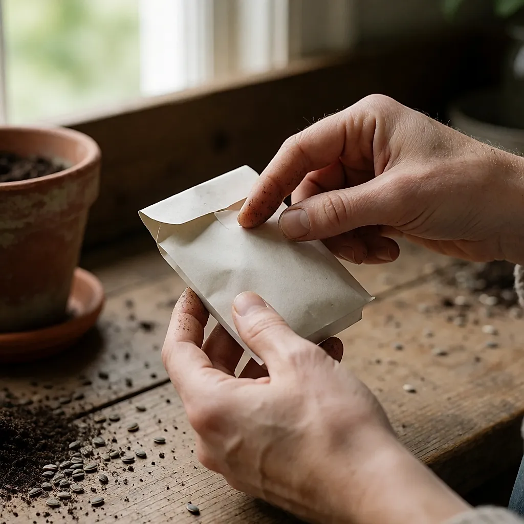 Mains retournant un sachet de graines pour vérifier la variété, la période de semis et le certificateur