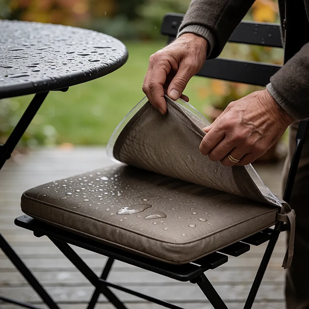 Mains vérifiant la mousse à séchage rapide d'un coussin d'extérieur encore humide