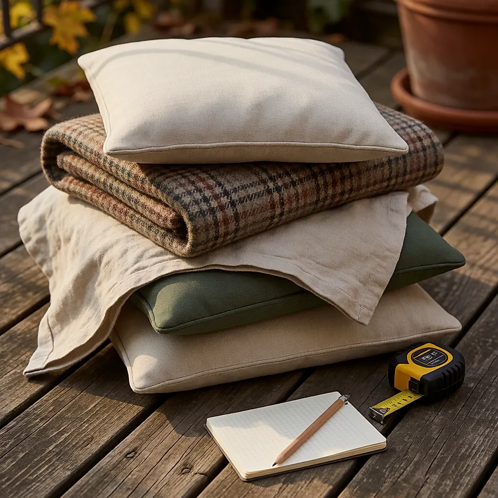Tas de coussins, plaid et nappe empilés sur la terrasse pour mesurer le volume à ranger