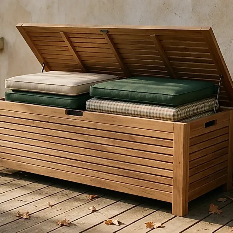 Ranger coussins et plaids de terrasse dans un coffre ventilé avant les premiers froids d'automne