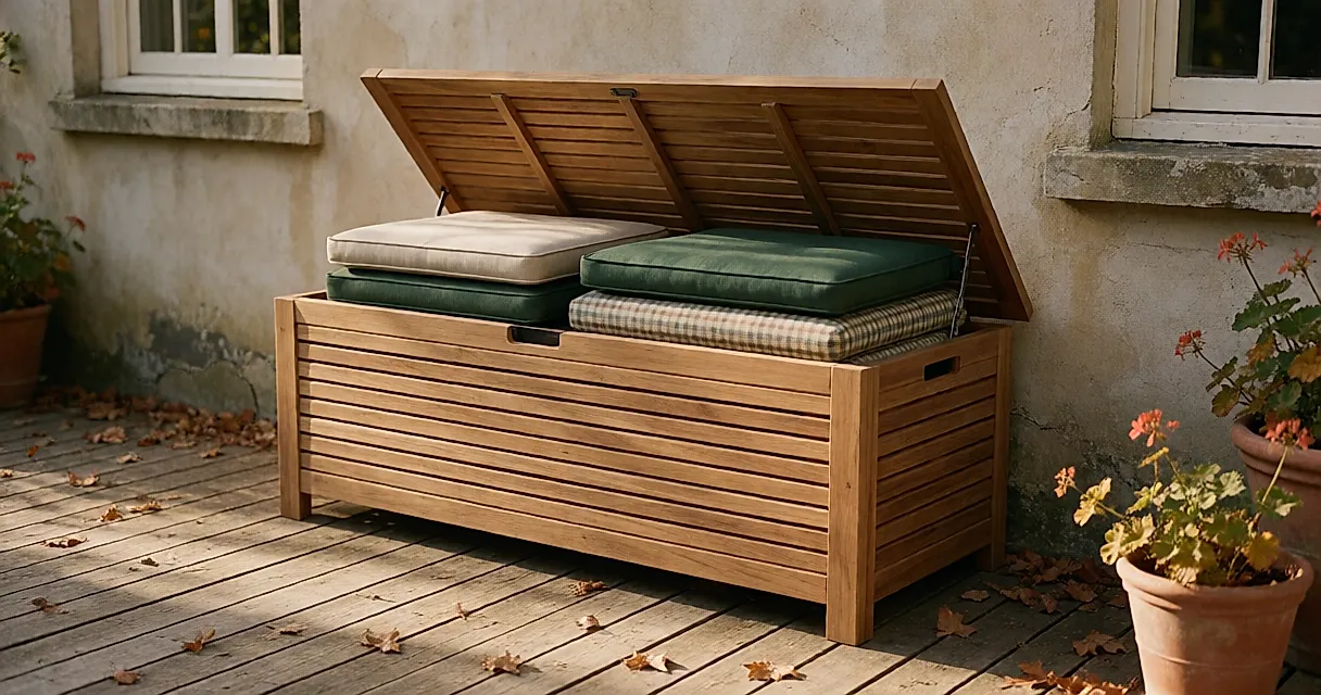 Ranger coussins et plaids de terrasse dans un coffre ventilé avant les premiers froids d'automne