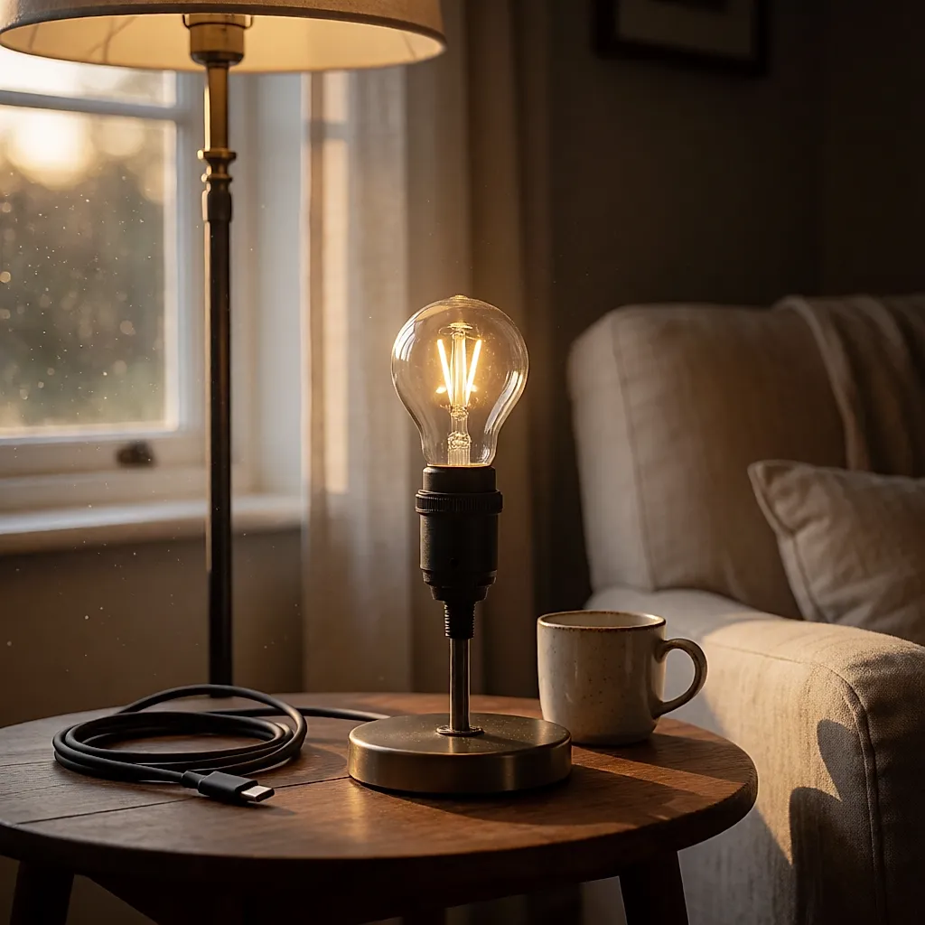 Ampoule sur batterie rechargeable en USB-C vissée sur le culot d'un luminaire sur pied