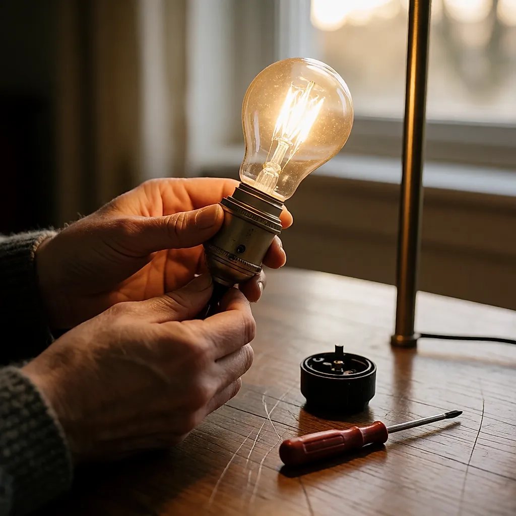 Mains dévissant une ampoule remplaçable d'un luminaire sur pied